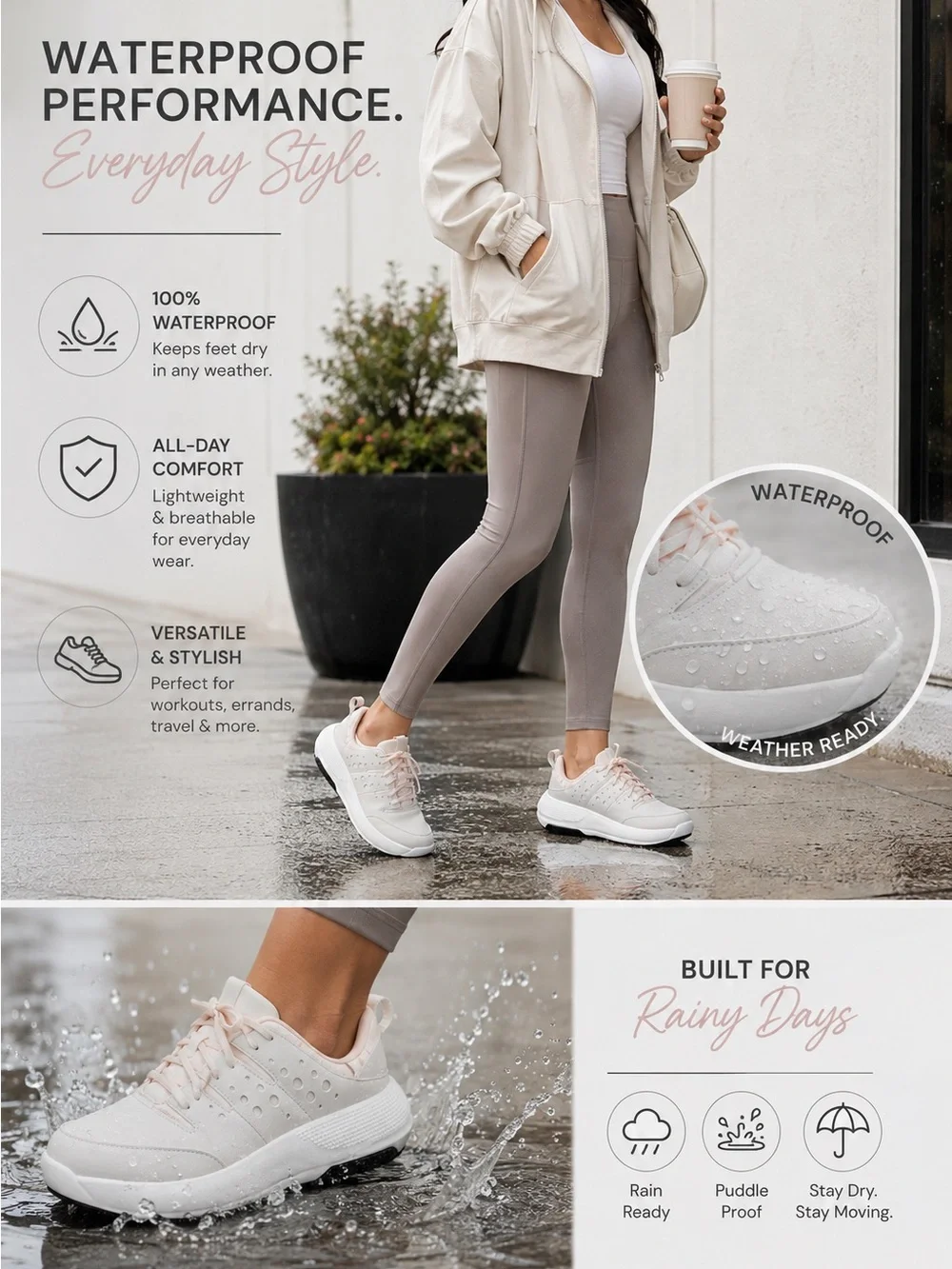CROCS Women's Waterproof Athletic Sneakers in Light Pink and White